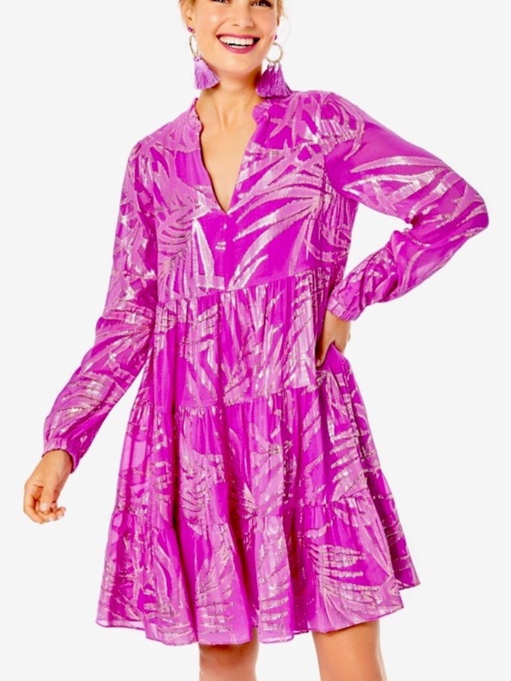 Lilly Pulitzer Sarita Silk Dress Fuchsia Palm Leaf Metallic Size 12--EUC